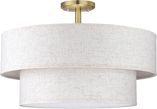 2-Tier 20" Cream Drum Fabric 4 Light Gold Semi Flush Mount Ceiling Light for Living Room Dining Room Bedroom Hallway - Aura Lighting