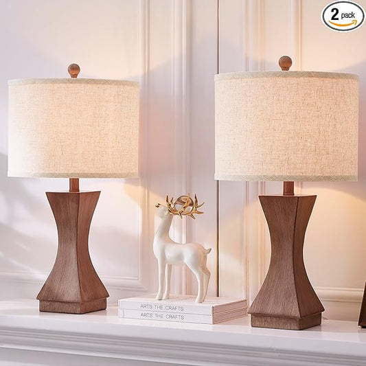 24.5" Modern Table Lamp Set of 2, 3-Way Dimmable Bedside Lamps with USB C & A Charging, Farmhouse Resin Nightstand Lamps with Linen Shade for Bedroom, Living Room, Home Office (Brown)