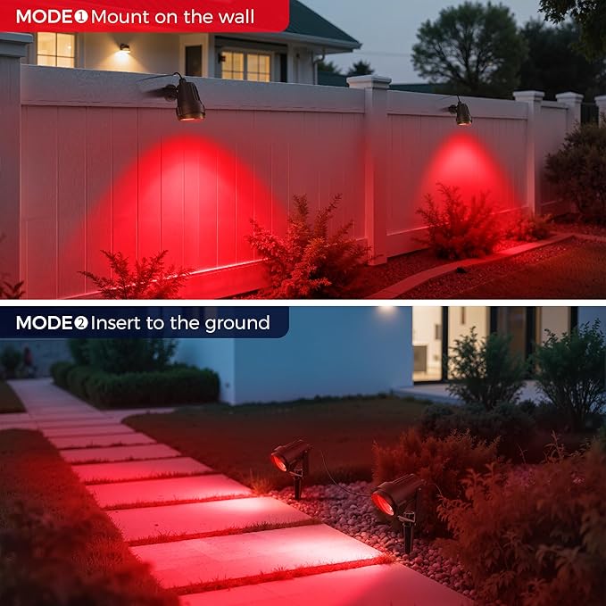 L LOHAS LED Christmas Spotlight Outdoor, Red Spot Lights for Yard, Auto On/Off 5W 120V Landscape Lighting for House, Holiday, Trees, Decoration, 450LM IP66 Waterproof, UL Listed, 2 Pack - Aura Lighting