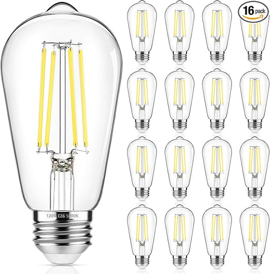 16-Pack Vintage Edison LED Bulbs, 60W Equivalent, 850LM 6W Edison Light Bulb Daylight White 5000K, ST58 LED Filament Bulb E26 Base, Non-Dimmable - Aura Lighting