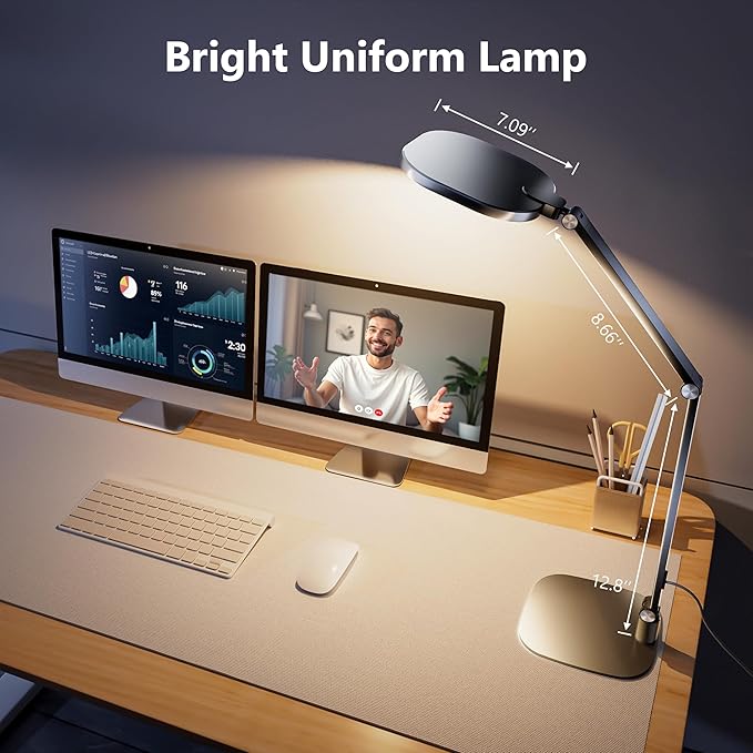 LED Desk Lamp for Home Office, 15W Computer Zoom Lighting with CRI >95, Memory & Timer Function, 1200LM Dimmable Desktop Ring Light for Video Calls, Conference, Reading, Streaming, Study - Aura Lighting