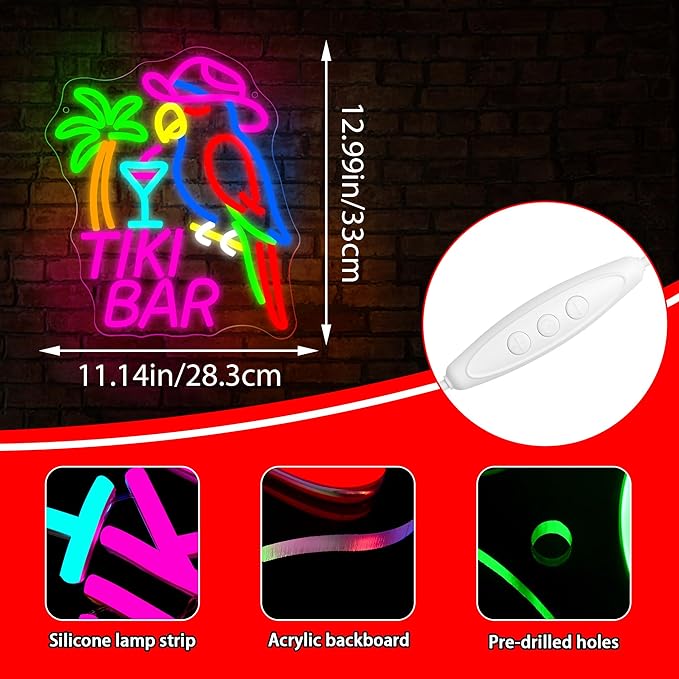 Tiki Bar Neon Sign for Wall Decor Dimmable Parrot Cocktail Neon Light for Man Cave Hawaii Beach Sign for Pub Home Bar Beer Shop Beach Party Bedroom Christmas Birthday Gift Size 12.9 * 11.1In (WZCP193)