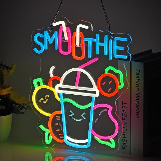 Smoothie Neon Sign, Neon Lights Hanging Wall Art Decoration for Juice Bar Restaurant Store Shop Market Food Truck Cafe Home Decor, USB Powered Ultra Bright Dimmable,15.35×12.6inches