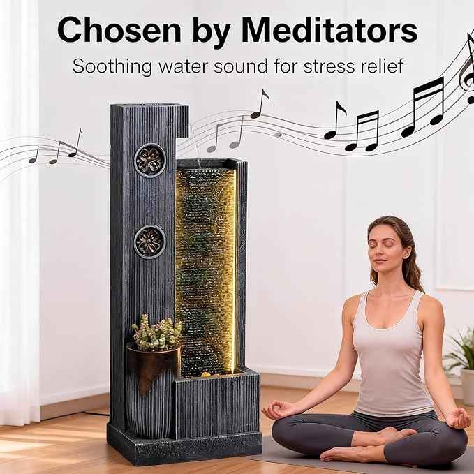 37" H Modern Indoor Water Fountains - Rectangular Outdoor Waterfall Fountain with LED Lights and Pump and Sculpted Flowers for Office, Living Room, Bedroom, Garden and Home Art Decor