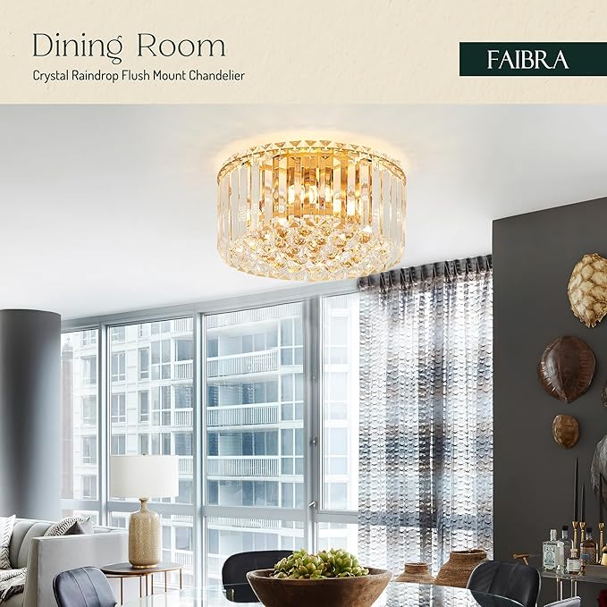 12.6" Gold K9 Crystal Raindrop Flush Mount Ceiling Light, Modern Chandelier, Round Luxury Light Fixture for Dining Room, Bedroom, Hallway, Kitchen Island & Living Room - Aura Lighting