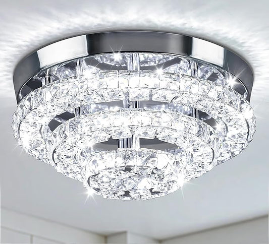 11.8" Crystal Chandeliers Modern Crystal Ceiling Light LED Chandeliers Semi Flush Mount Chandelier Ceiling Light Fixture for Bedrooms Dining Living Room Hallway (6500K Cool White)