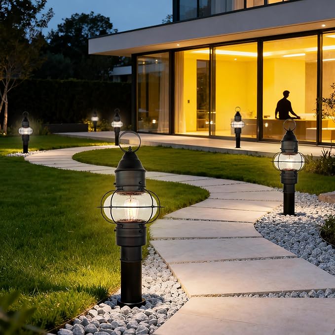 Kalium Outdoor Post Light Hard Wired, Matte Black Lamp Post Light Fixture with Seeded Glass,19" Waterproof Outside Column Lantern for Yard Driveway Patio Garden Walkway Landscape E26 Base Max 60