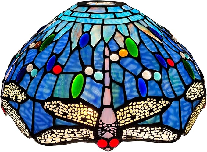 Capulina Tiffany Lamp Shade 12 Inches Wide Accessories Replacement Blue Dragonfly Style Stained Glass Lampshade for Torchiere Floor Lamp and Pendant Light