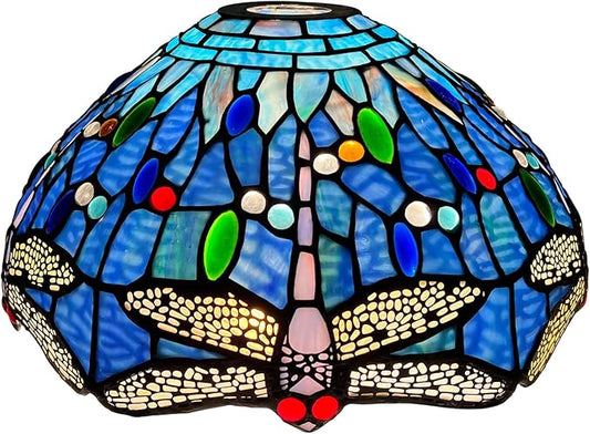 Capulina Tiffany Lamp Shade 12 Inches Wide Accessories Replacement Blue Dragonfly Style Stained Glass Lampshade for Torchiere Floor Lamp and Pendant Light