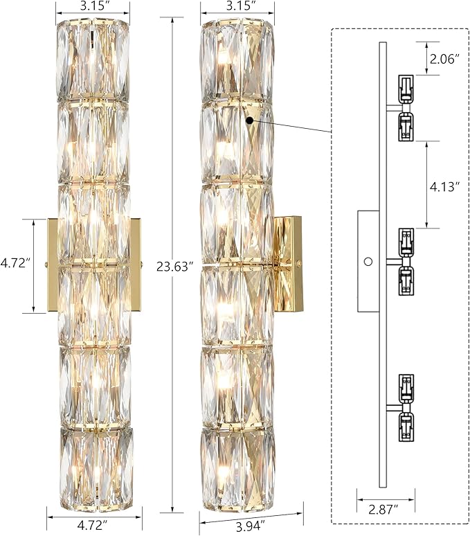 SAMTEEN 23.6-Inch Crystal Wall Sconce Gold Sconces Wall Lighting Mid-Century Modern 6-Light Wall Mount Light Brass Glass Wall Light Fixture for Bathroom Bedroom Hallway - Aura Lighting