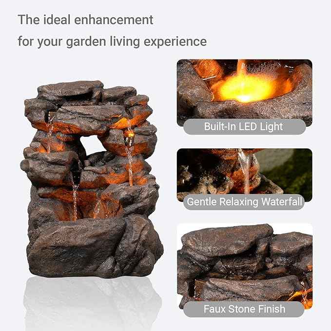 Outdoor Waterfall Fountain 20.5" Tiered with LED Lights, Natural Rock Design, Weatherproof Resin – Waterfall Fountain for Garden, Patio, Yard 24393