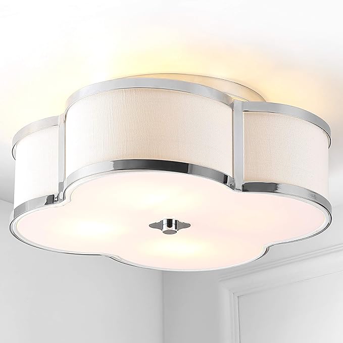 JONATHAN Y 13" Chrome Modern Scalloped LED Flush Mount Ceiling Light Fixture, White Linen Shade Quatrefoil Chandelier for Bedroom Living Room Kitchen Hallway Foyer (JYL9508A)