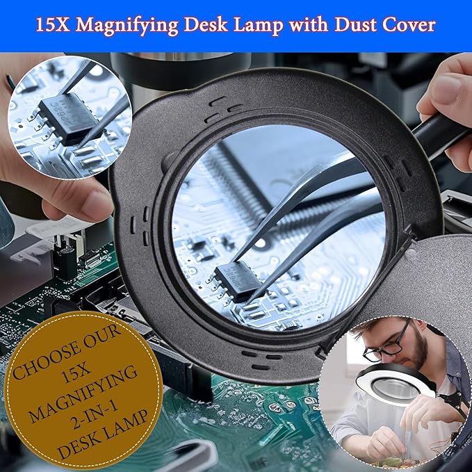 15X Magnifying Glass Desk Lamp with Clamp and Base, Real Glass Lens, 84 LEDs, 5 Color Modes Dimmable, Led Lamp Magnifier with Dust Cover, Clean Cloth, Ideal Gift for Seniors, Crafters, Hobbyists - Aura Lighting