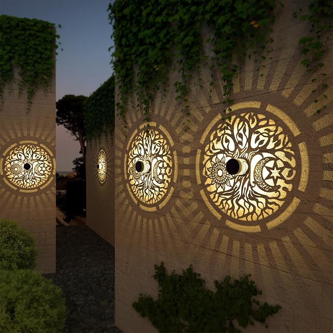 2 Pack Solar Fence Lights Metal Solar Powered Outdoor Wall Deck Step Lights Tree Theme Waterproof Fence Light for Garden Post Patio Backyard Yard Decor (Tree, 2 Pack)