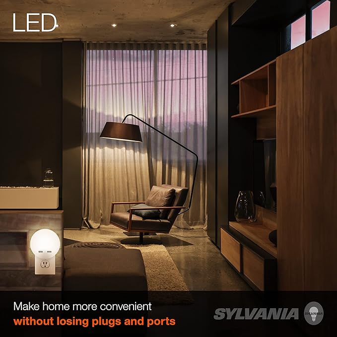 LEDVANCE Sylvania LED Night Light with Dual USB Ports, 22 Year, Dusk to Dawn, Frosted Finish, 3000K, Warm White - (Pack of 1)(65005)