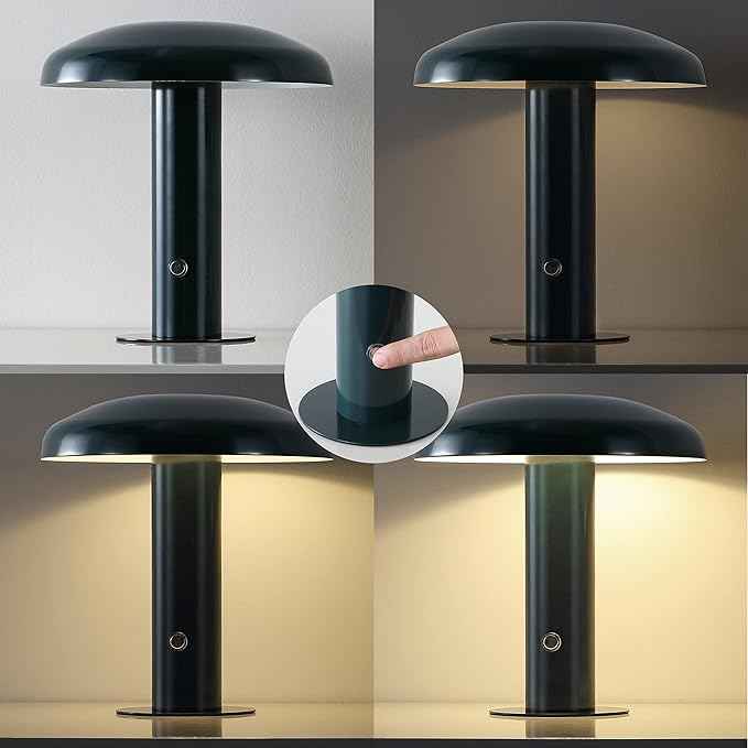 JONATHAN Y 11" Forest Green Rechargeable LED Mushroom Table Lamp, Cordless Portable Dimmable Mid-Century Modern Accent Lamp, with Metal Shade, Touch Sensor (JYL7114D)