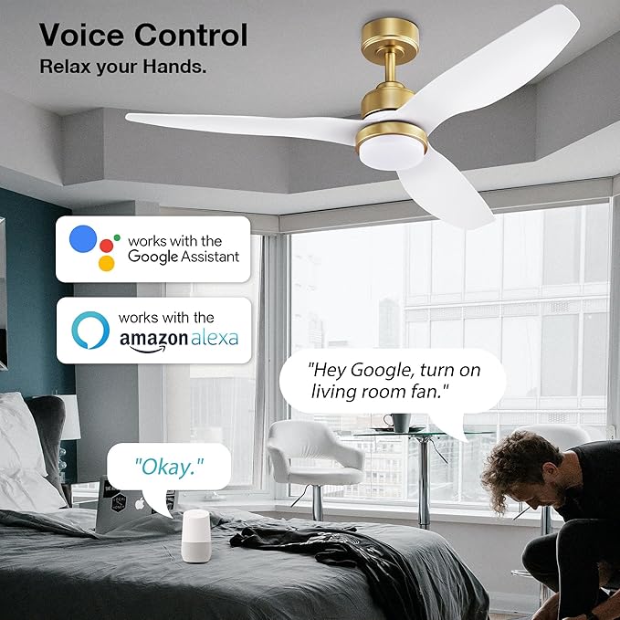 52 Inch Smart Ceiling Fans with Lights and Remote,Dimmable LED Light,Outdoor Indoor Gold White Ceiling Fan,Quiet DC Motor,High CFM 6 Speed,WIFI Alexa App Workable,for Bedroom Living Room Patio - Aura Lighting