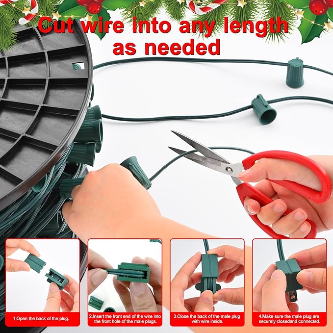 Ultimate Unicorn 500 FT C9 Light Socket Set Spool, Christmas Stringer Bulk Reel 12" Spacing, C9 Light Strand Green Wire, Christmas Stringer with E17 Sockets (10 Pairs of Plugs Included)