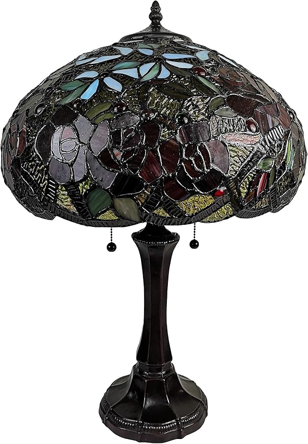 Tiffany Style Table Lamp Banker 24" Tall Stained Glass Yellow Brown Red Floral Roses Vintage Light Décor Nightstand Living Room Bedroom Office Handmade Gift AM1535TL16B Amora Lighting