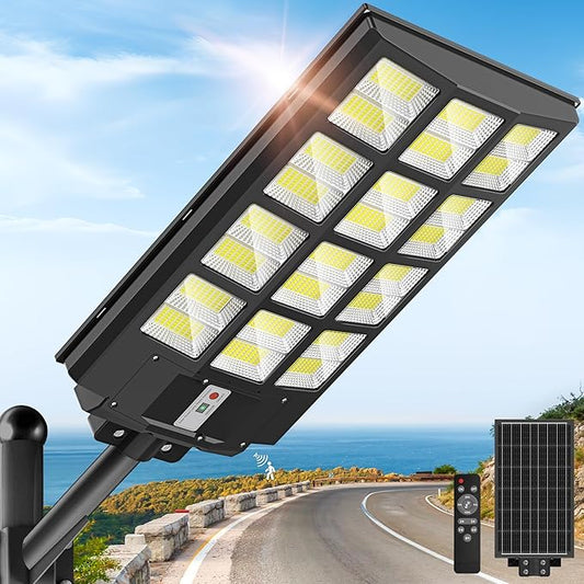 Solar Lights Outdoor Waterproof, 8000W Solar Street Light with Motion Sensor, 7000K Dusk to Dawn Security Flood Lights IP66, Commercial Outdoor Lighting for Parking Lot, Yard, Driveway, Farm