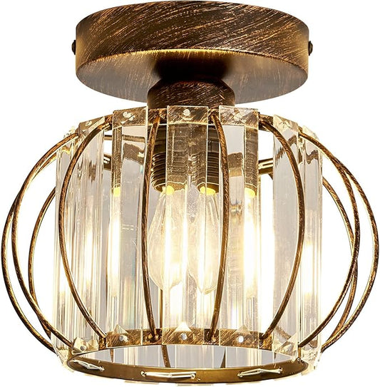 YYJLX Semi Flush Mount Ceiling Light Fixture E26 Mini Crystal Chandelier Oil Rubbed Bronze Small Ceiling Lamp for Entryway Bedroom Bathroom Hallway Closet Foyer Light