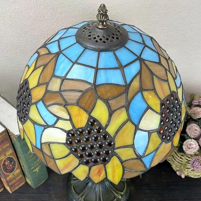 Tiffany Lamp Shade Replacement, 12" Stained Glass Sunflower Lampshades, Vintage Orange Yellow Blue Flower Light Cover Only 1-5/8-Inch Fitter Opening for Arched Floor Lamp Torchiere Lamp,Blue