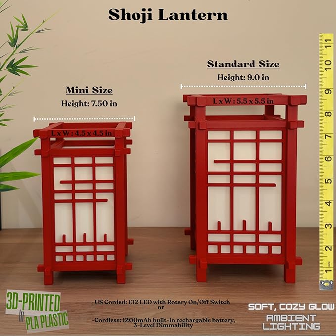 Japanese Shoji Style Lantern - Exquisite Japanese Decor for Home and Room | Unique Desk Lamp and Table Lamp Design | Mini Japanese Lantern Transforms Any Space (Crimson Red (7.5in Tall) - Cordless)