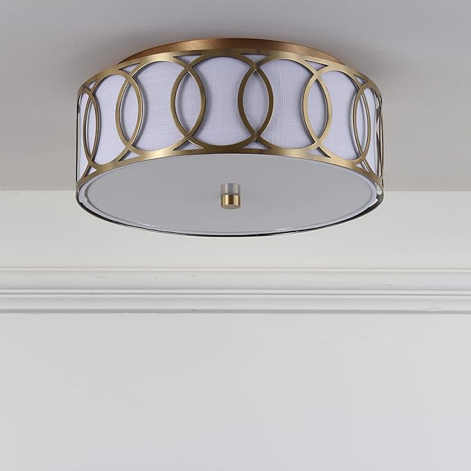 JONATHAN Y 12.25" Brass Gold Modern Metal LED Flush Mount Ceiling Light for Bedroom Hallway, White Linen Drum Shade with Geometric Fretwork, LED Bulbs Included JYL3502A