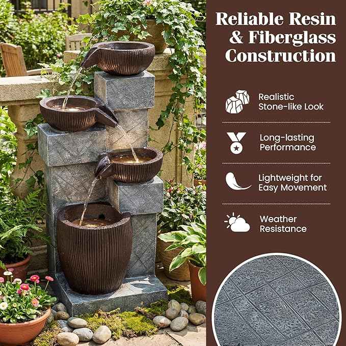 Giantex 32'' Water Fountain Outdoor, 4-Tier Cascading Bowls Waterfall Fountain with Warm LED Lights & Pump, Outside Zen Water Feature for Patio, Balcony, Deck, Garden, Yard Decor