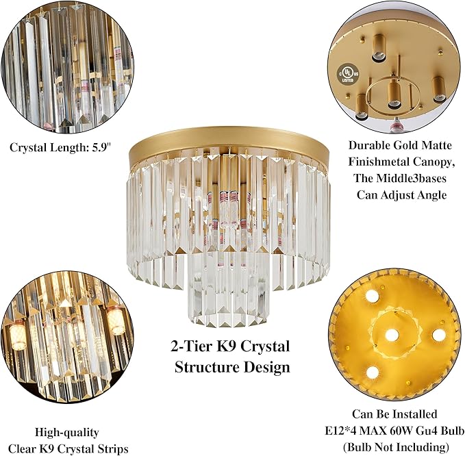 12.6" Gold Crystal Modern Crystal Ceiling Light Fixture, 2-Tier Luxury K9 Crystal, for Dining Room, Kitchen, Island, Living Room, Bedroom - Aura Lighting
