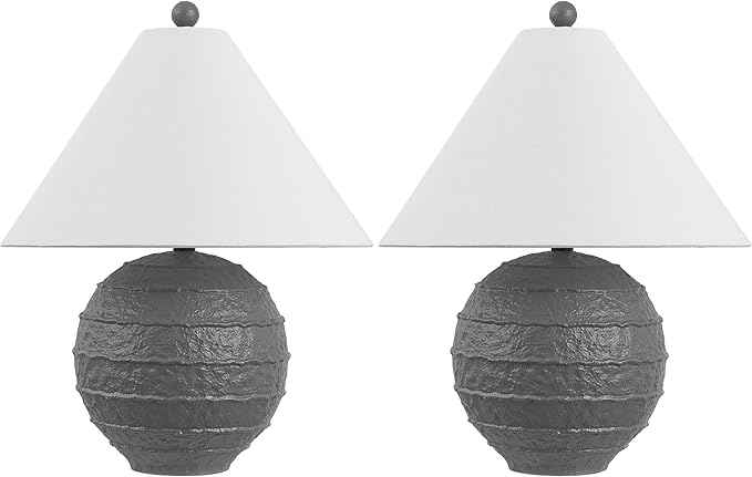 JONATHAN Y 21" Gray Coastal Cottage Textured Resin Table Lamp Set of 2, Farmhouse Ridged Nightstand Lamps for Living Room Bedroom, White Linen Shade, LED Bulbs (JYL9205B-SET2)