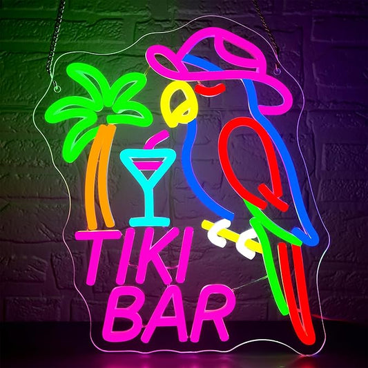Tiki Bar Neon Sign for Wall Decor Dimmable Parrot Cocktail Neon Light for Man Cave Hawaii Beach Sign for Pub Home Bar Beer Shop Beach Party Bedroom Christmas Birthday Gift Size 12.9 * 11.1In (WZCP193)