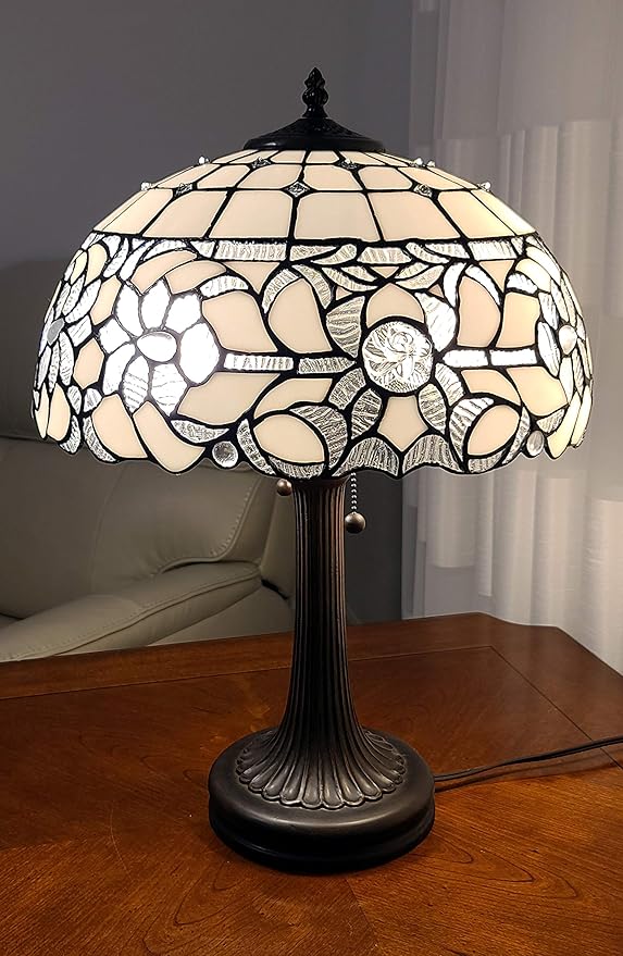 Tiffany Style Table Lamp Banker 22" Tall Stained Glass White Grey Mahogany Floral Flower Elegant Vintage Light Décor Bedside Living Room Bedroom Handmade Gift AM316TL16B Amora Lighting