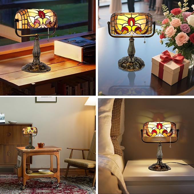 Tiffany Bankers Desk Lamp,Baroque Style Stained Glass Piano Light with LED Bulb, Vintage Tiffany Desk Lamp for Office, Study, or Timeless Home Décor.
