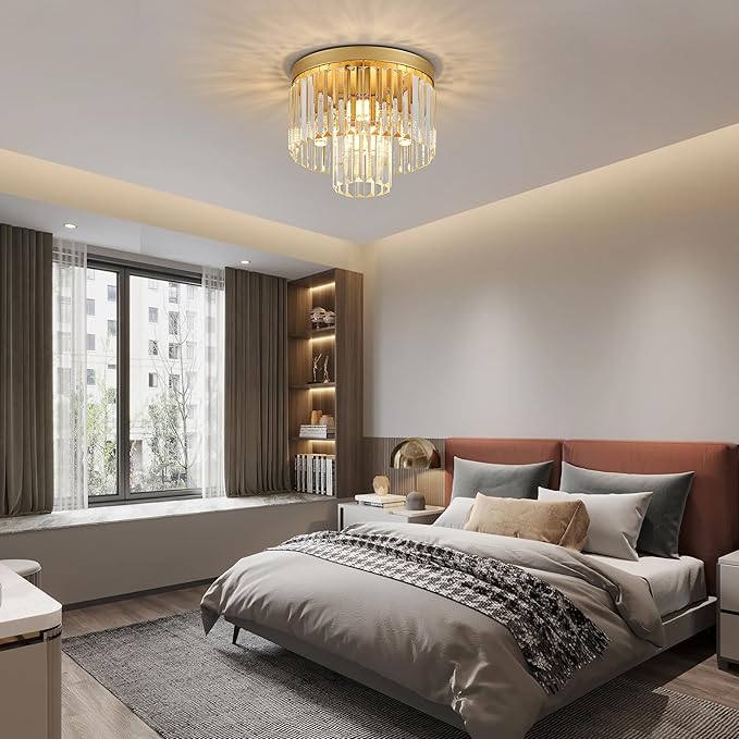 12.6" Gold Crystal Modern Crystal Ceiling Light Fixture, 2-Tier Luxury K9 Crystal, for Dining Room, Kitchen, Island, Living Room, Bedroom - Aura Lighting