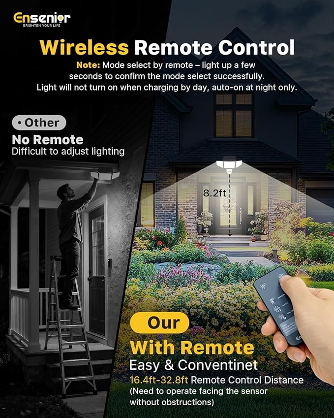 Ensenior Solar Motion Lights Outdoor, 228 LED Solar Security Lights with Remote Control, IP65 Waterproof 3 Heads Flood Light with 4 Modes, 270° Wide Angle Motion Sensor Light Outside - 4 Packs