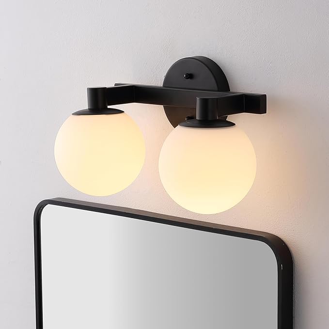 JONATHAN Y 5.75" Black/White Modern Globe LED Vanity Wall Sconce Light, White Frosted Glass Shade, Mid-Century Art Deco Wall Lamp for Bathroom, Kitchen, Hallway (JYL3541B)