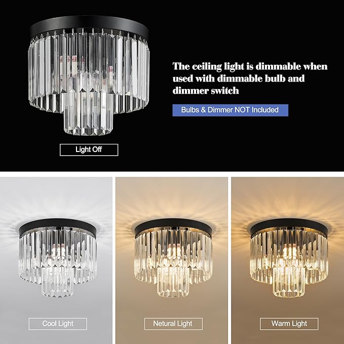 12.6" Black Crystal Ceiling Light 4-Light Modern Fixture 2-Tier Luxury K9 Crystal, for Dining Room Kitchen Island Living Room Bedroom - Aura Lighting
