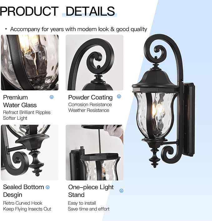 Black Exterior Wall Sconces, 28" H Large Outdoor Wall Light Fixtures with Water Glass, Waterproof Outdoor Lights Wall Mount with Decorative Patterns for Porch, Front Door