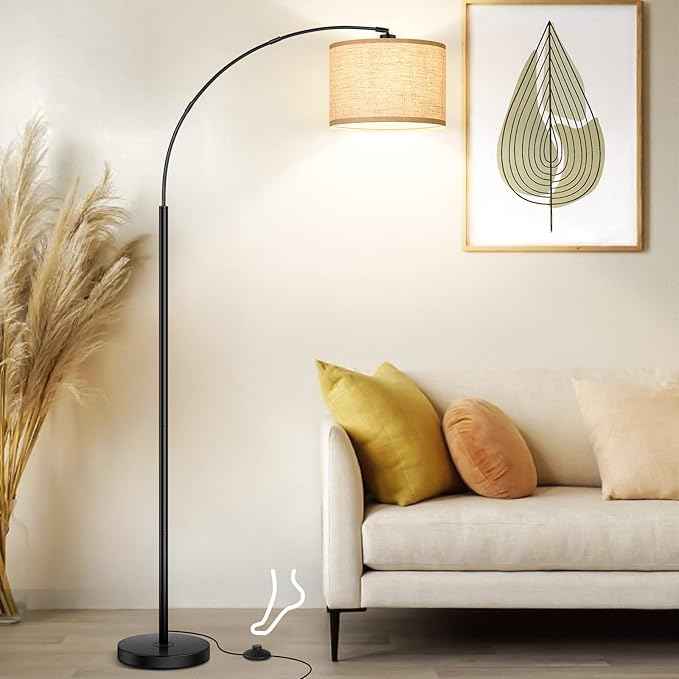79'' Arc Floor Lamps for Living Room, Modern Standing Lamp with Adjustable Hanging Drum Shade, Black Tall Pole Lamp with Weighted Base & Edison E26 Socket, Corner Light for Reading Bedroom Office