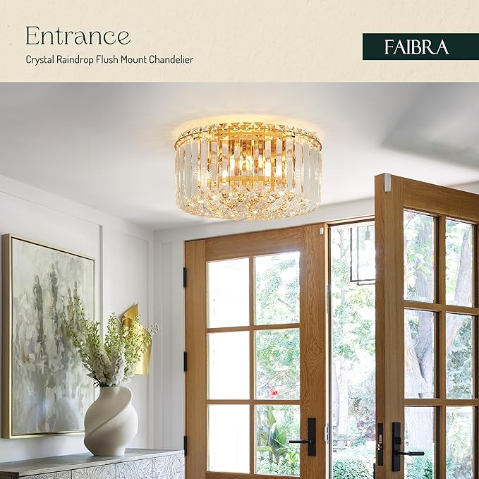12.6" Gold K9 Crystal Raindrop Flush Mount Ceiling Light, Modern Chandelier, Round Luxury Light Fixture for Dining Room, Bedroom, Hallway, Kitchen Island & Living Room - Aura Lighting