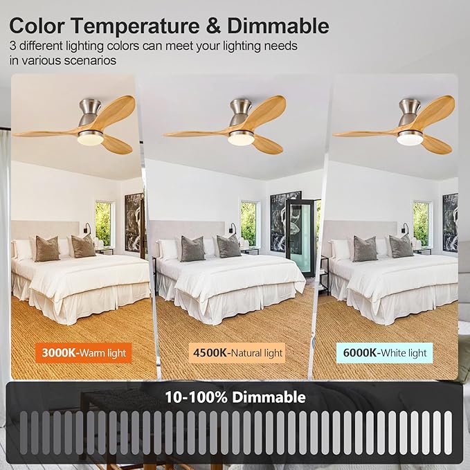 42 Inch Flush Mount Ceiling Fans with Lights and Remote, Dimmable 3 Blade Wood Bedroom Ceiling Fan with Lights Low Profile Ceiling Fan with Light Brushed Nickel Outdoor Ceiling Fans for Patios