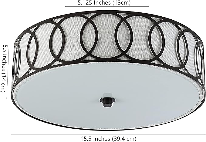 JONATHAN Y 12.25" Oil Rubbed Bronze Modern Metal LED Flush Mount Ceiling Light for Bedroom Hallway, White Linen Drum Shade with Geometric Fretwork, LED Bulbs Included (JYL3503C)