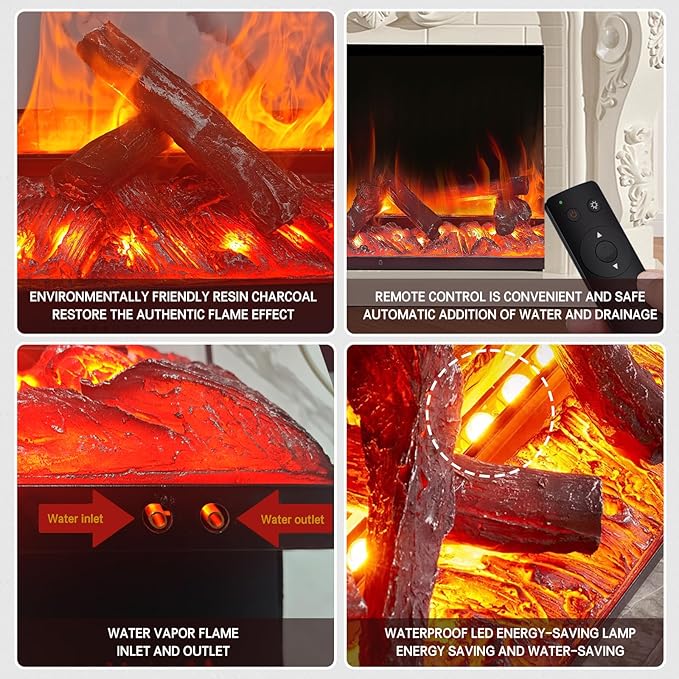 Water Vapor Fireplace 3D Atomizing Fireplace Recessed Electric Fireplace Remote Control with Timer Touch Simulation Flame Touch Flame (Flame Color & Simulated Charcoal, 31.5 inch)