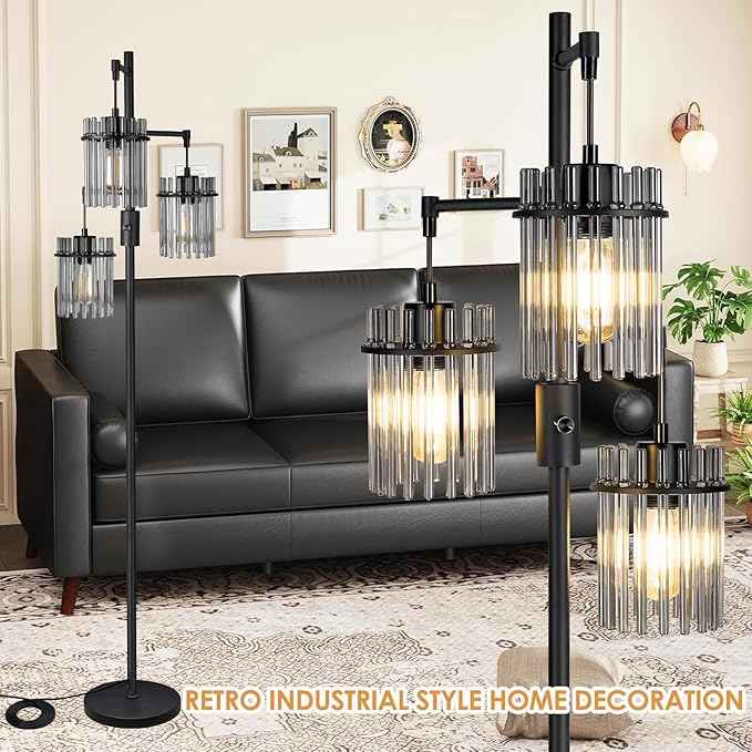 Industrial Floor Lamps for Living Room, Dimmable Floor Lamp Modern Standing Lamps with Glass Lampshade, Rotary Switch, LED Bulbs, Tall Lamps for Bedroom, Office (3 Lampshades(66inch))