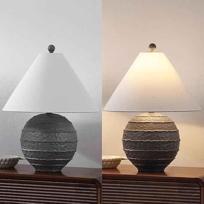 JONATHAN Y 21" Gray Coastal Cottage Textured Resin Table Lamp Set of 2, Farmhouse Ridged Nightstand Lamps for Living Room Bedroom, White Linen Shade, LED Bulbs (JYL9205B-SET2)