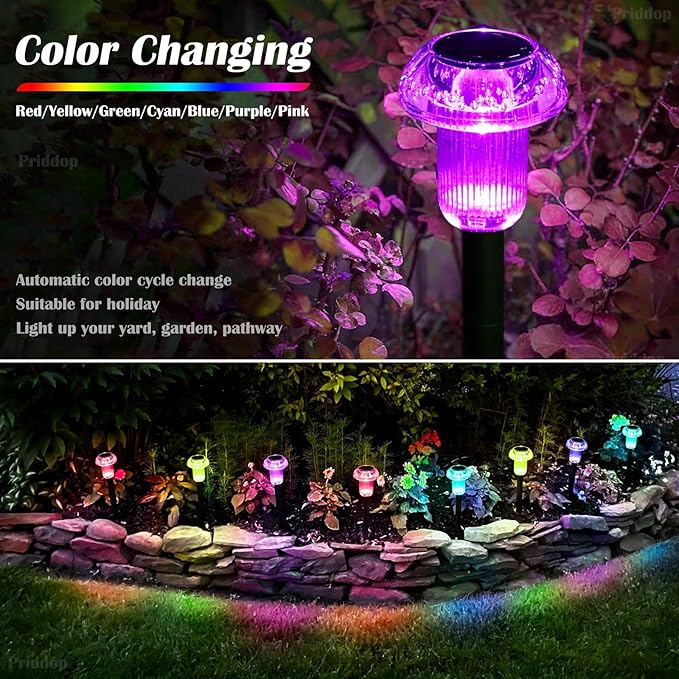 Solar Lights Outdoor Pathway Waterproof 12 Pack Color Changing LED Acrylic Mushroom Decorative Garden Lights for Yard Landscape Patio Outside Decorations