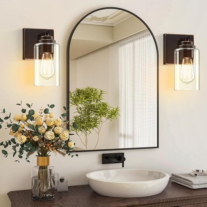 Pia Ricco Wall Sconces Set of 2, Bedside Wall Lamps with Switch for Bedroom, Modern Bathroom Light Fixtures with Clear Glass Shade, Oil Rubbed Bronze Sconces Wall Lights for Living Room, Hallway - Aura Lighting