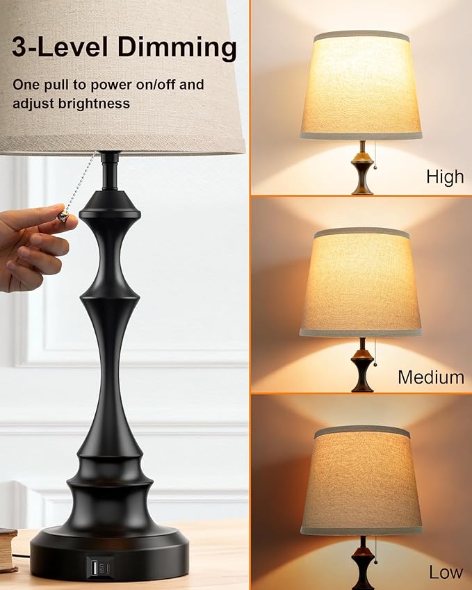 22'' Table Lamp for Living Room Set of 2: Farmhouse Table Lamp for Night Stands, 3-Way Dimmable Rustic Lamp with USB C+A Charging Ports, Side Table Lamp with Linen Fabric Shade, LED Bulbs Included