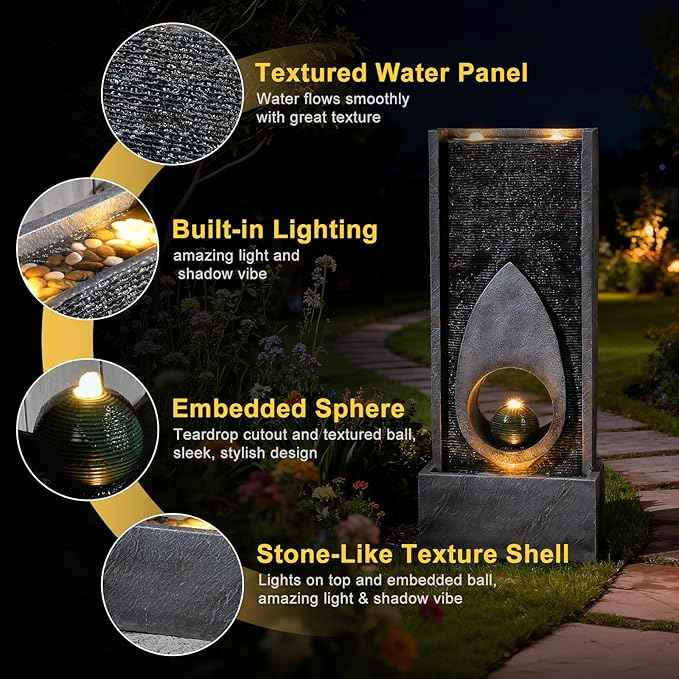 46.5" H Large Indoor Water Fountains - Modern Rectangular with Sphere - Waterfall Fountain for Indoor or Outdoor with LED Lights and Pump for Deck, Patio, Porch, Garden, Yard Decor